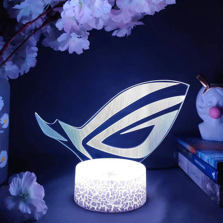 ROG 3D LED Lamp with black lava lamp base, color-changing gaming night light with touch control and vibrant LED illumination.