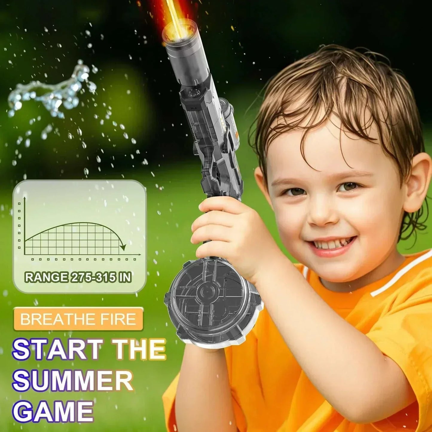 Child playing with Electric WaterGun toy featuring flame spray effect and high-pressure water streams for outdoor summer fun