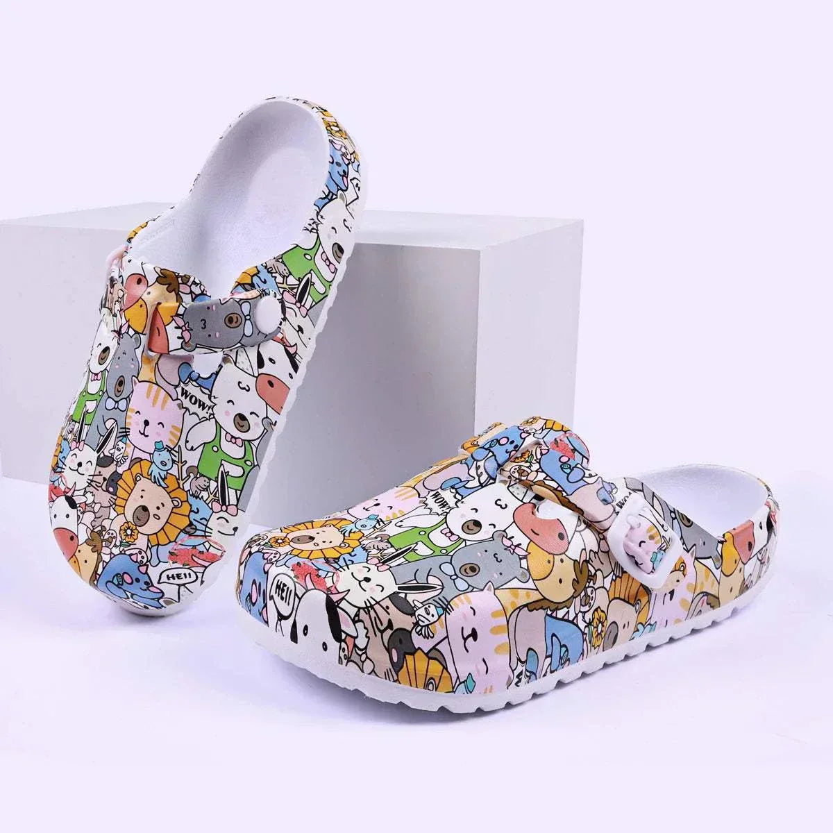 Super cute women's croc style slip-ons with colorful animal print and flat soles