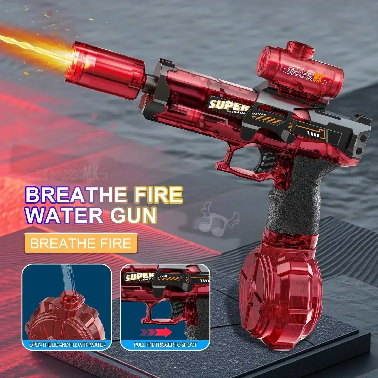 Red Electric WaterGun toy with flame spray effect, high-pressure continuous water stream, and built-in lights for outdoor kids' play