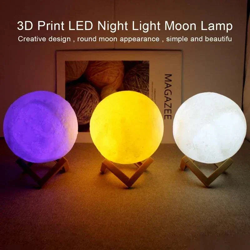 Cosmic Moon LED book light with stand in 3D moon shape showing warm, yellow, and white light options for bedroom decoration or child birthday gift.