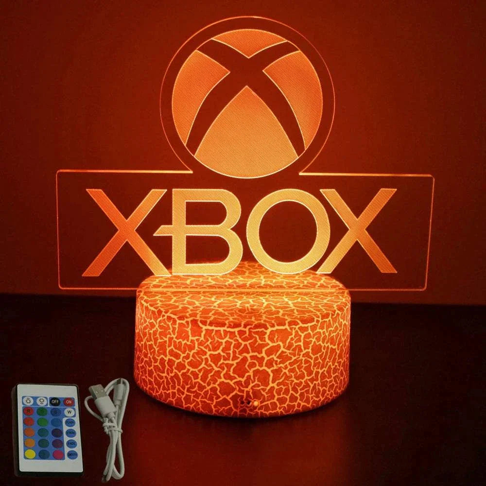 Very bright neon Xbox gaming sign night light with orange LED, wooden base, remote control, and USB cable.