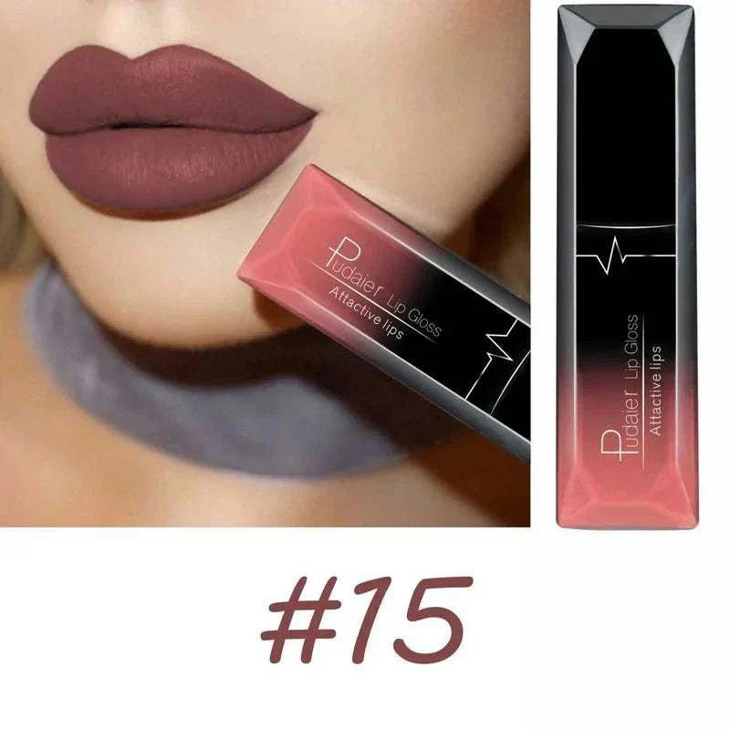 Close-up of lips wearing matte long-lasting lipstick in shade #15 with accompanying Pudaler Lip Gloss packaging for TOP-RATED TikTokMadeMeBuyIt Lip Stick.
