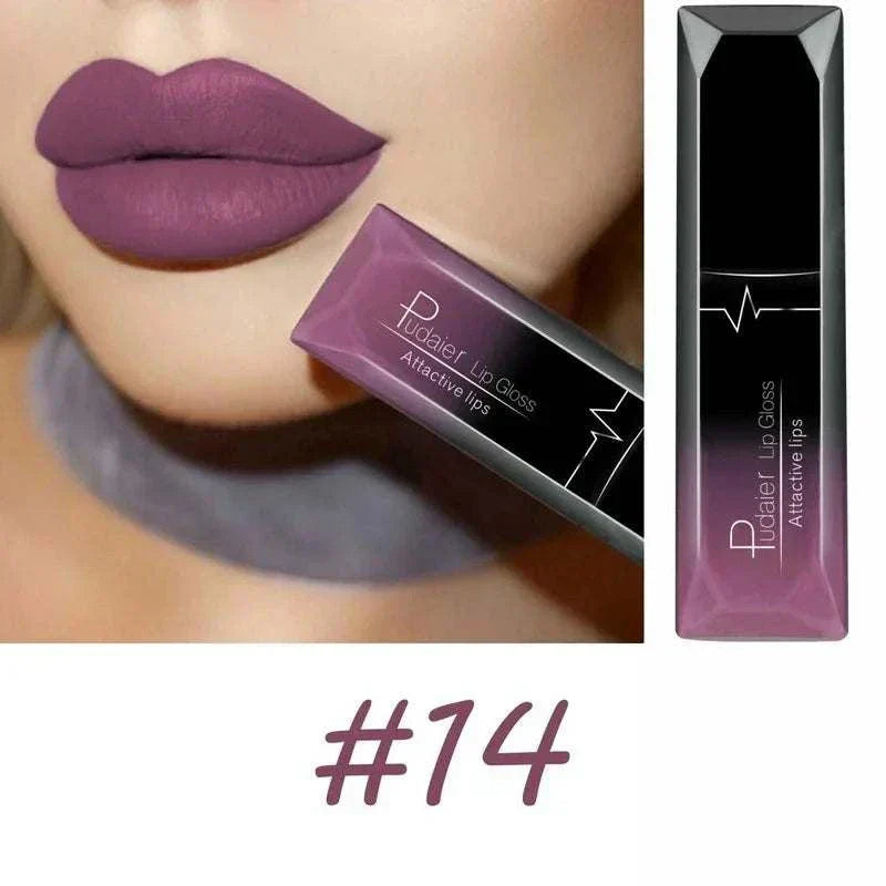 Close-up of lips wearing matte purple lipstick shade #14 from TOP-RATED TikTokMadeMeBuyIt Lip Stick collection with matching lipstick tube.