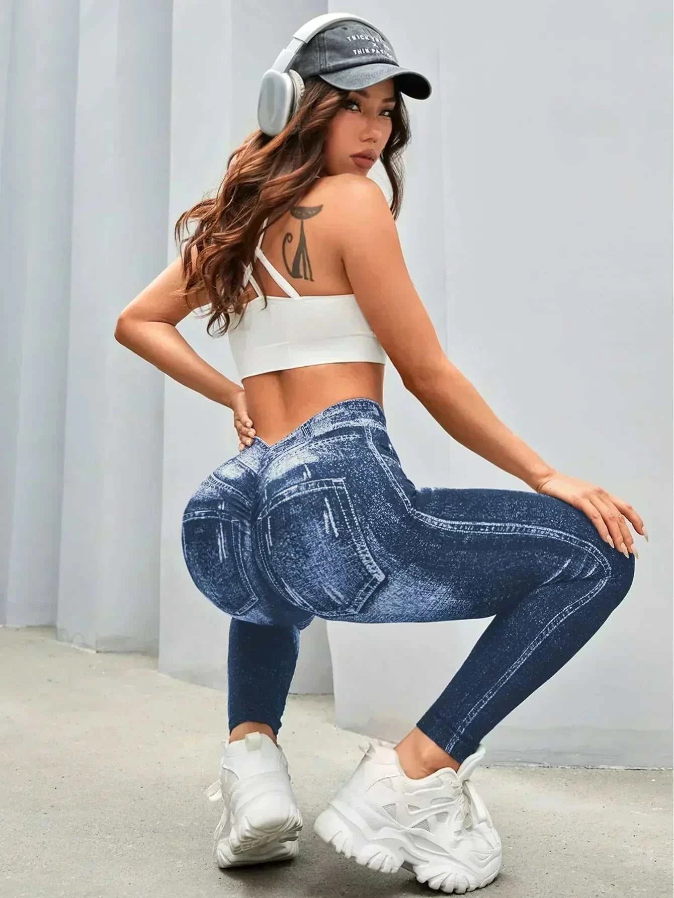 Women’s Athletic Leggings, Seamless Workout Yoga Pants, Faux Denim Look