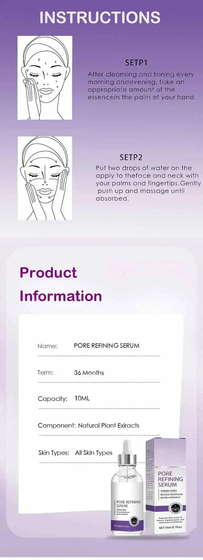 Eelhoe pore shrinking serum with natural plant extracts for deep cleaning, pore refining, and facial tightening suitable for all skin types