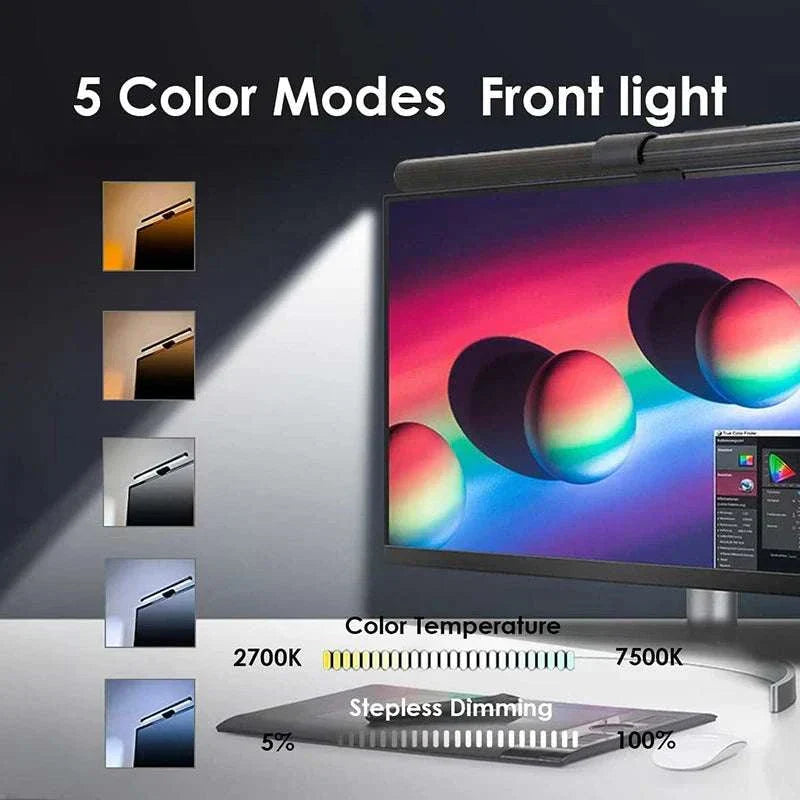 LED monitor light bar with 5 color modes and stepless dimming for computer screen illumination