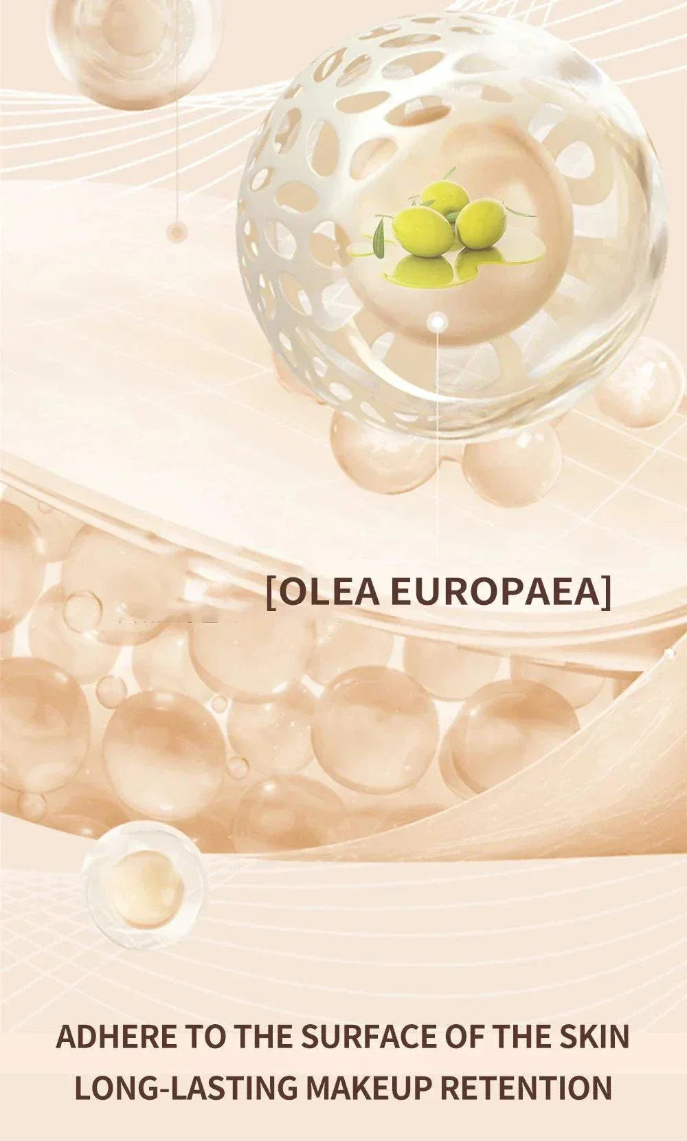 Ocheal Face Foundation contour stick highlighting skin adherence and long-lasting makeup retention with olive extract illustration