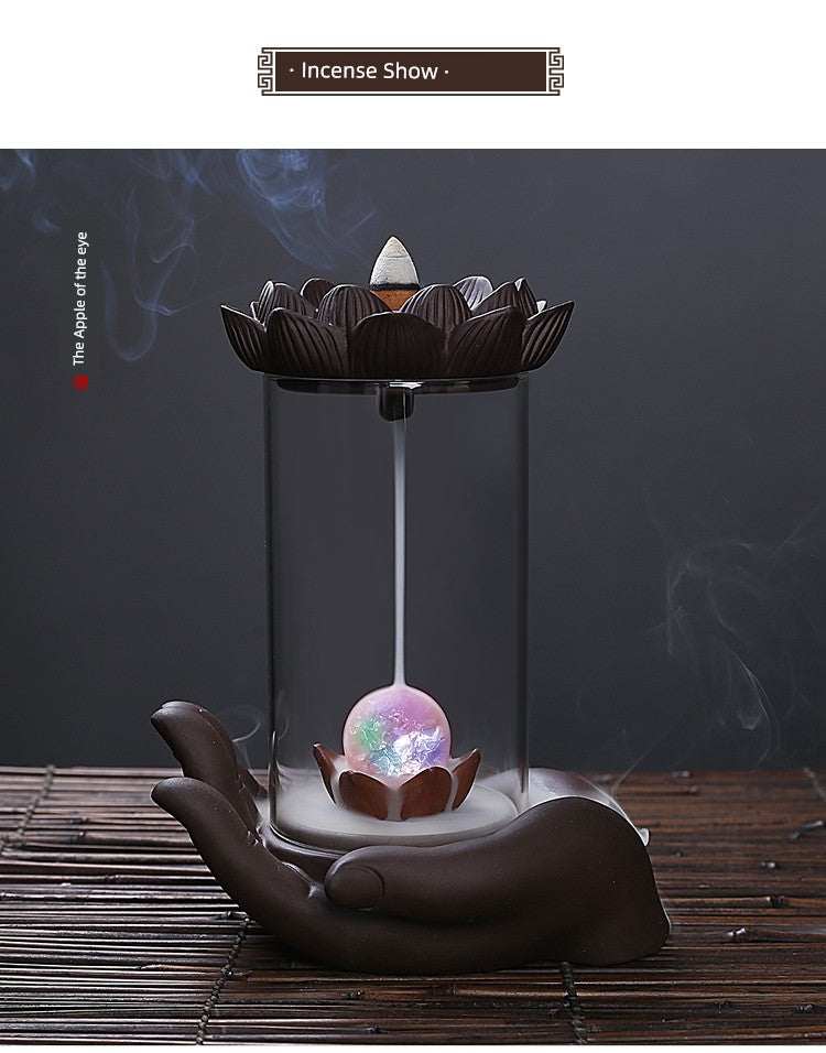 Backflow purple sand incense burner with zen glass lotus design and Buddha hand base