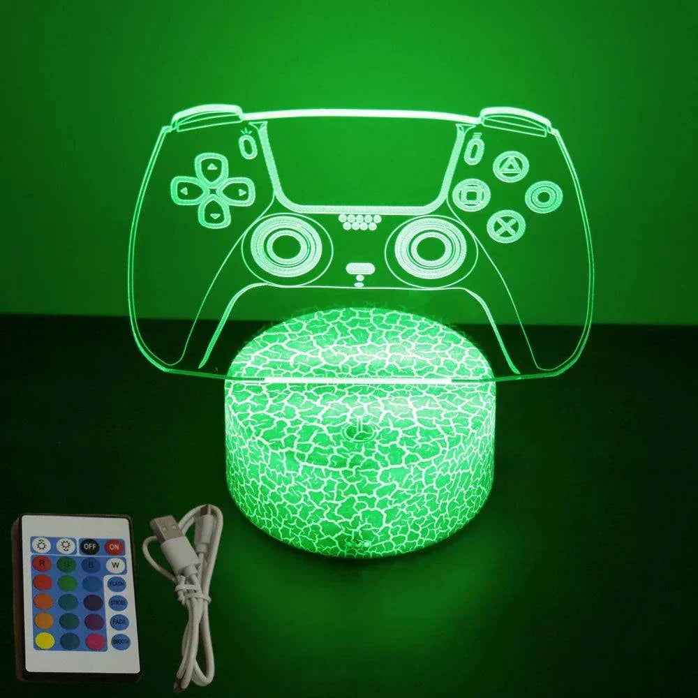 Very bright neon gaming sign shaped like a game controller with green LED light, remote control, and USB cable.