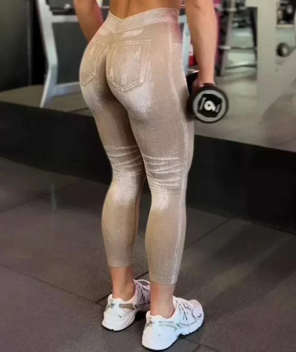 Women’s Athletic Leggings, Seamless Workout Yoga Pants, Faux Denim Look
