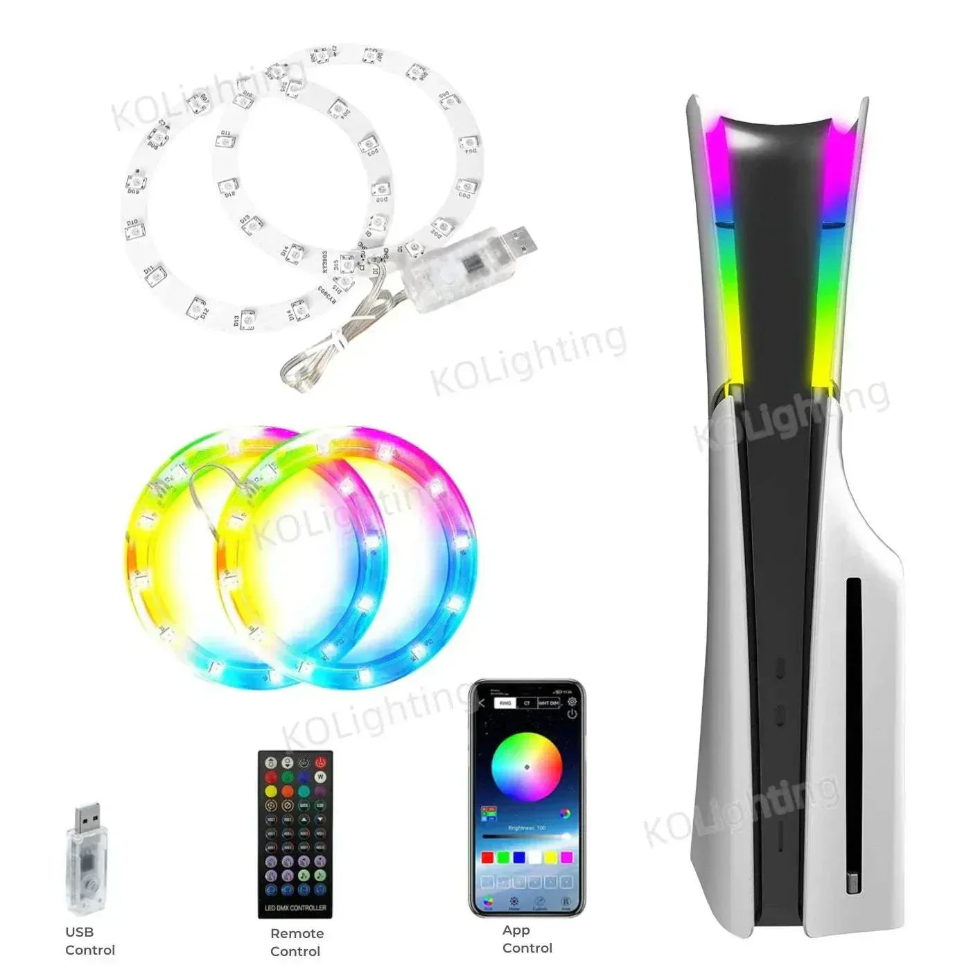 LED RGB Circle Light Strips for PS5 and PS5 Slim with USB, remote, and app control for PS5 and PS5 Slim gaming atmosphere enhancement