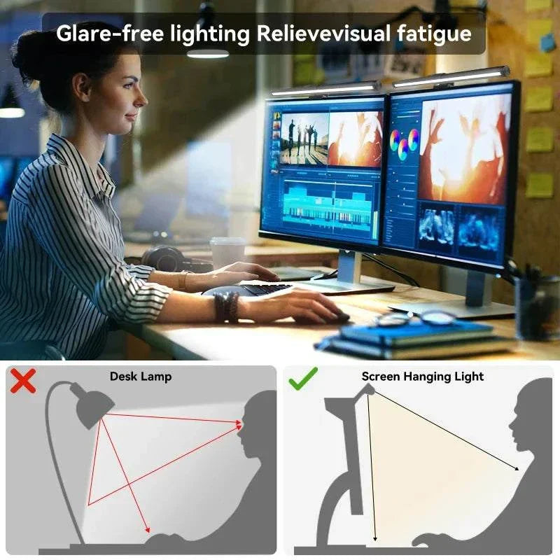 LED monitor light bar mounted on computer screen reducing glare and eye strain with adjustable RGB and non-RGB lighting options