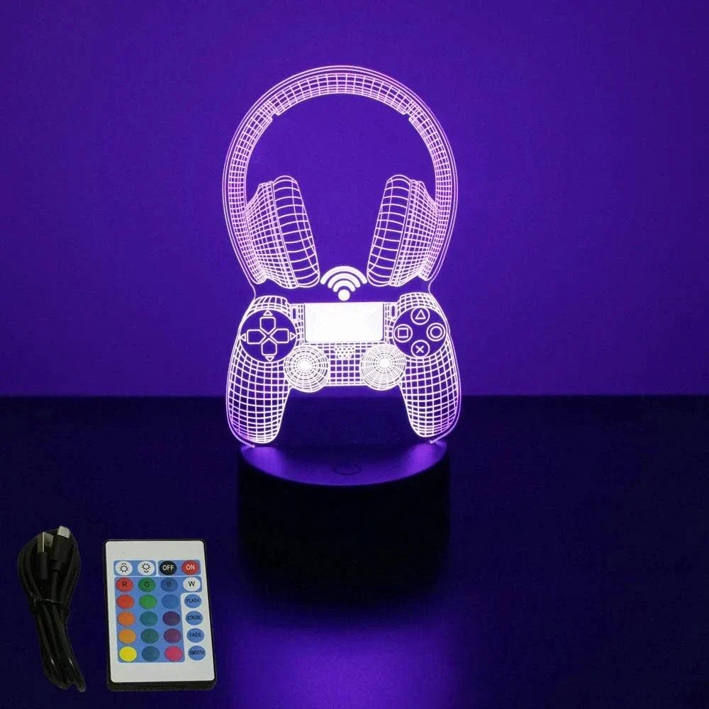 Very bright neon gaming sign LED 3D lamp with remote control and USB cable, gaming controller and headphone design.