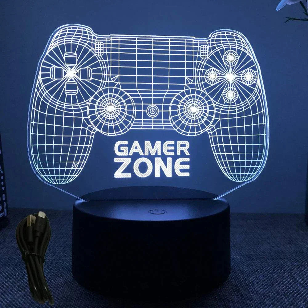 Very bright neon gaming sign LED lamp shaped like a game controller with "GAMER ZONE" text on a black base and USB cable.