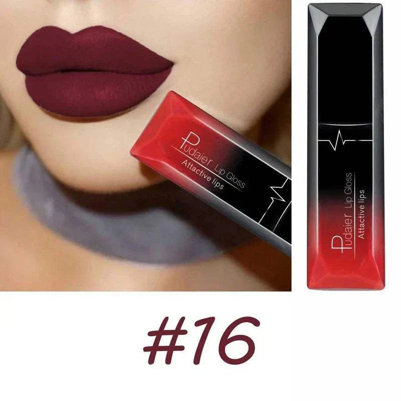 Matte deep red lipstick shade number 16 from TOP-RATED TikTokMadeMeBuyIt Lip Stick collection with sleek black and red packaging