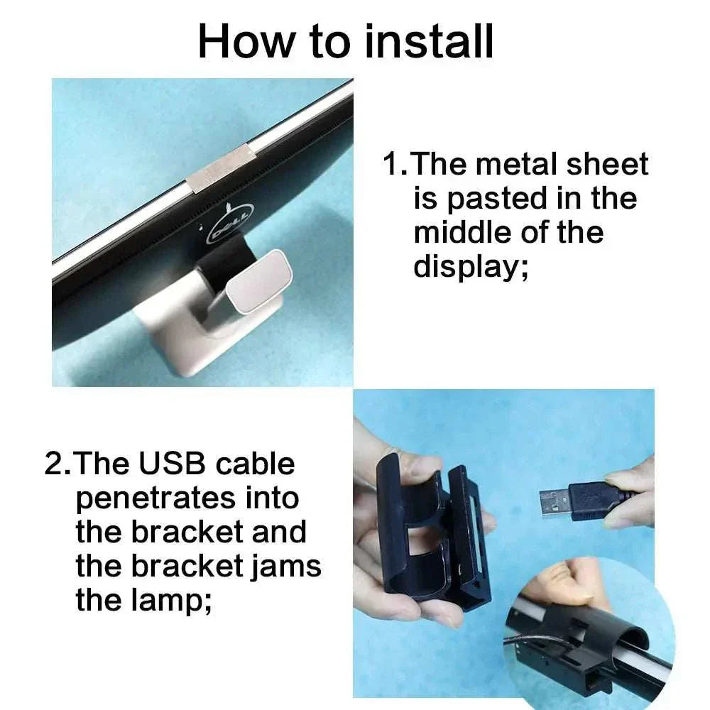Installation instructions for LED Monitor Light Bar showing metal sheet attachment and USB cable connection to the bracket on computer screen.