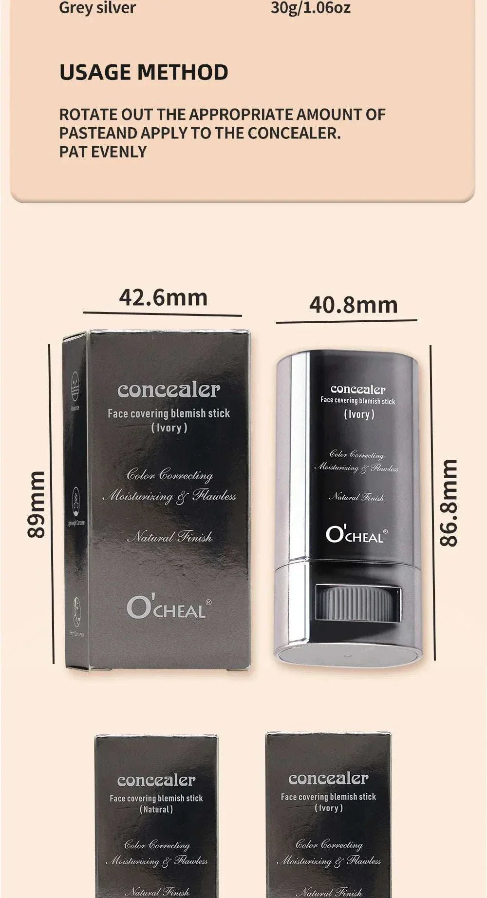 Ocheal Face Foundation contour stick concealer in ivory shade with waterproof, long-wear, lightweight formula and natural finish packaged in a sleek stick design.