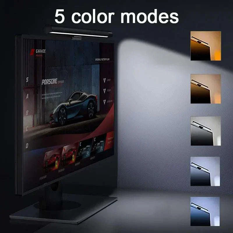LED monitor light bar showcasing five adjustable color temperature modes mounted on a computer screen.