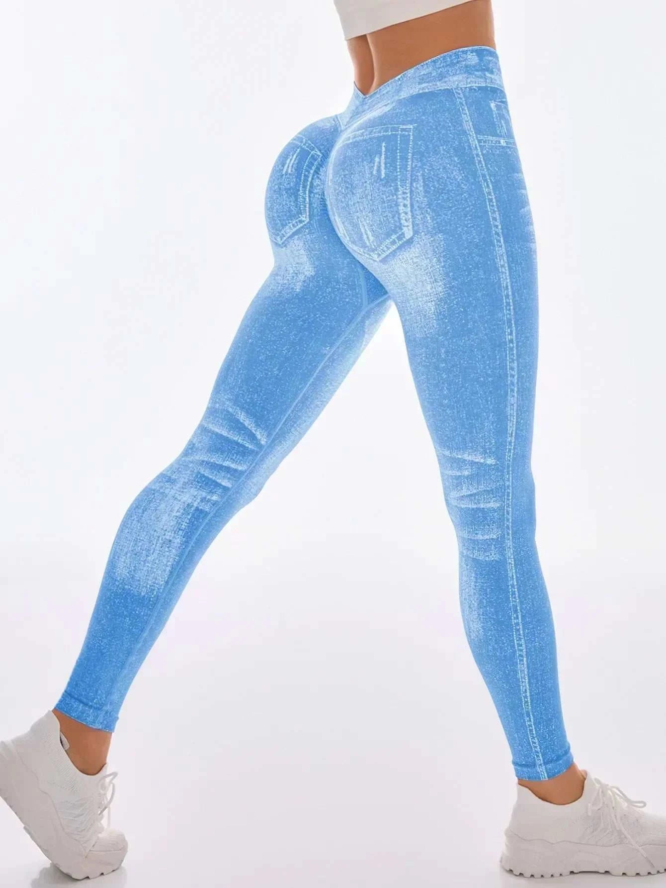 Women’s Athletic Leggings, Seamless Workout Yoga Pants, Faux Denim Look