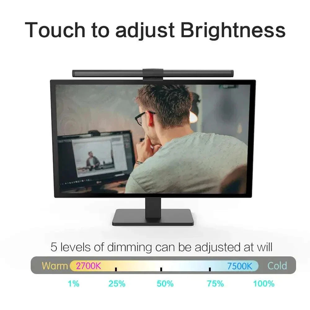LED monitor light bar mounted on computer screen with touch brightness adjustment and five color temperature levels from warm to cold lighting