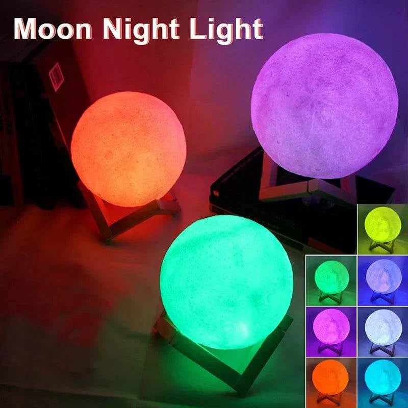 Cosmic Moon LED Book Light showing 3D moon shapes on wooden stands with multicolor LED lighting options for bedroom decoration and kids gift