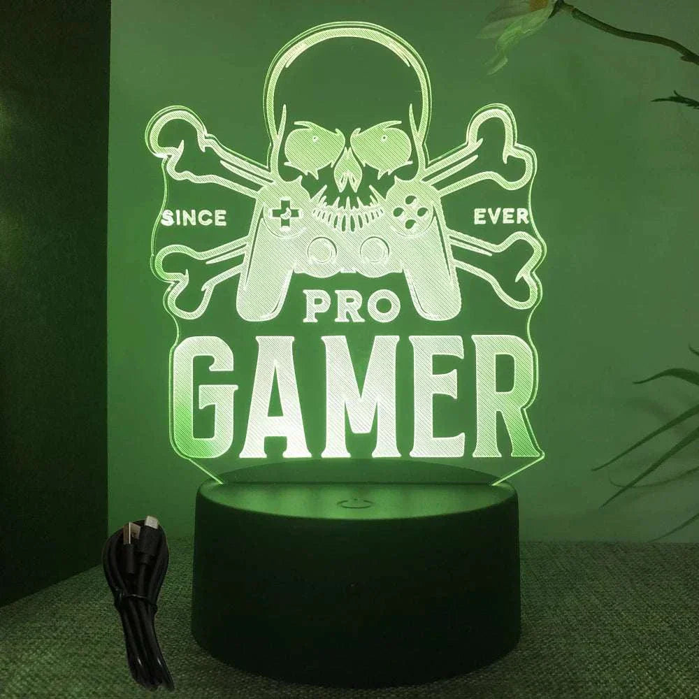 Very bright green neon gaming sign with skull and crossbones design and "Pro Gamer" text on black base with USB cable.