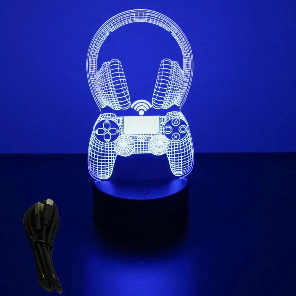 Very bright neon LED gaming sign shaped like headphones and game controller with USB cable on black base