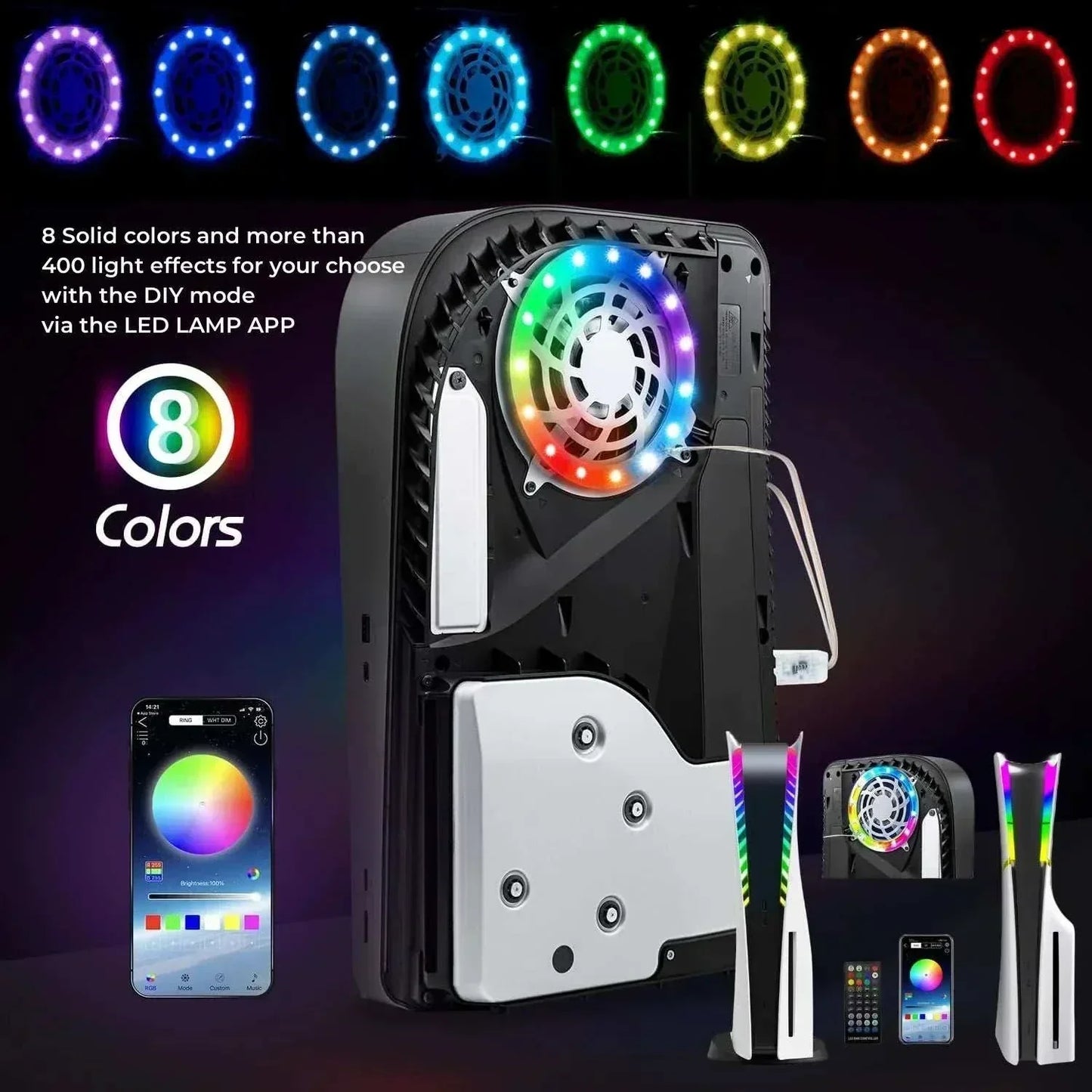 LED RGB Circle LiLED RGB Circle Light Strips for PS5 and PS5 Slim with USB, remote, and app control for PS5 and PS5 Slim gaming atmosphere enhancementght Strips for PS5 with 8 colors and customizable effects via app and remote control