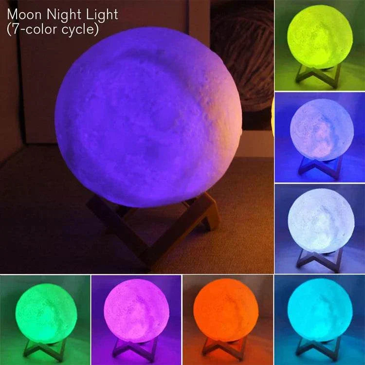 Cosmic Moon LED book light in 7-color cycle on wooden stand, decorative night lamp for kids bedroom or birthday gift
