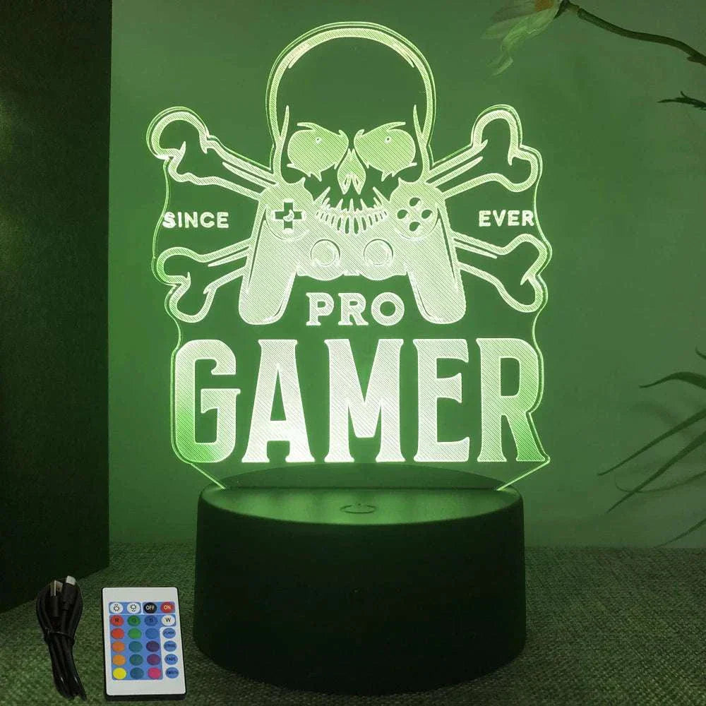 Very bright green neon gaming sign with skull and crossbones design, "Pro Gamer" text, remote control and USB cable on black base