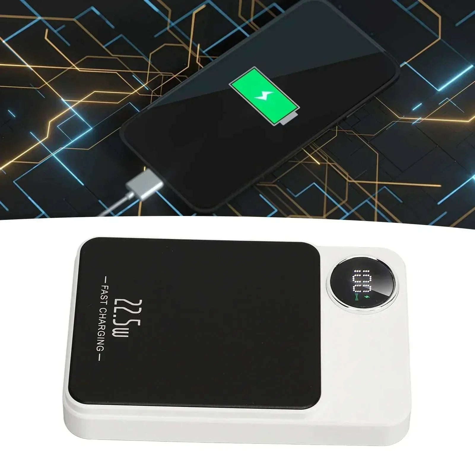 Massive 5000mAh wireless fast charging power bank with USB-C 23W max output and digital display