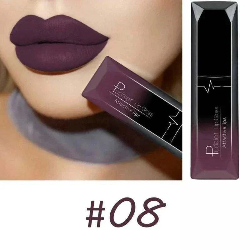 Close-up of lips wearing matte purple lipstick with matching TOP-RATED TikTokMadeMeBuyIt Lip Stick shade #08 and its rectangular packaging.