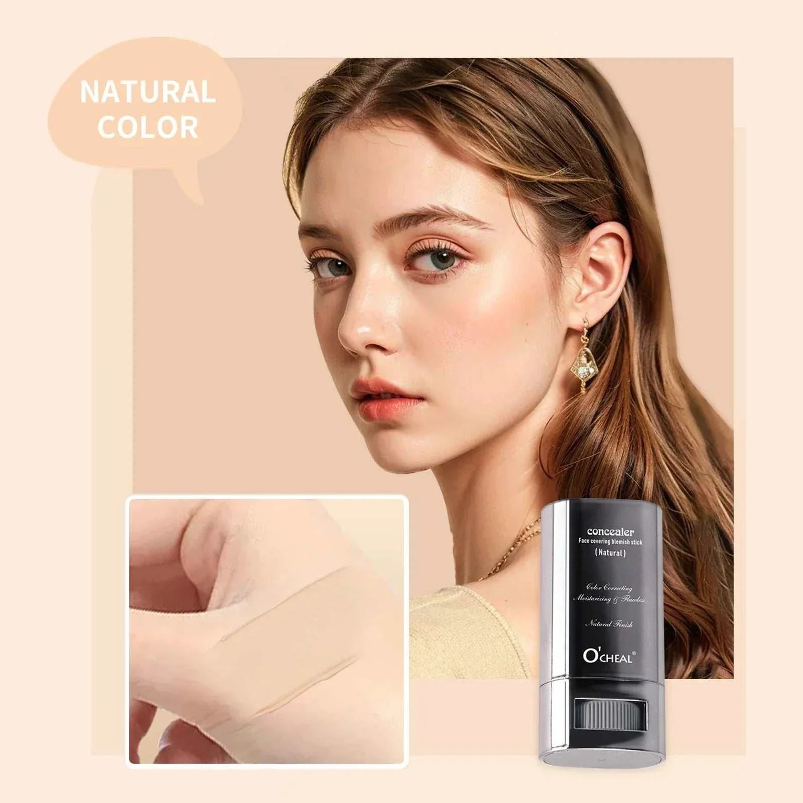 Ocheal Face Foundation Contour Stick long-wear lightweight natural color concealer makeup on model with swatch on hand