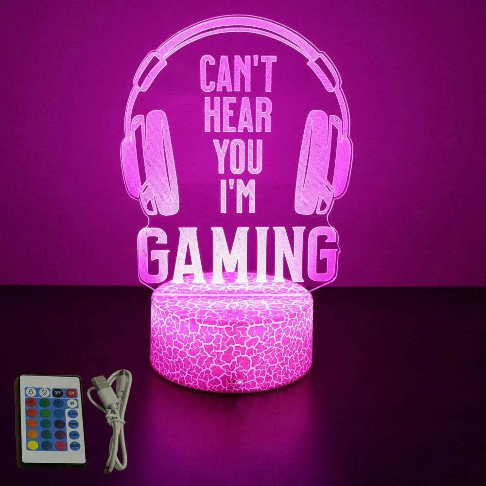 Very bright neon gaming sign with headphones design and "Can't Hear You I'm Gaming" text, LED 3D lamp with remote control and multiple color options.