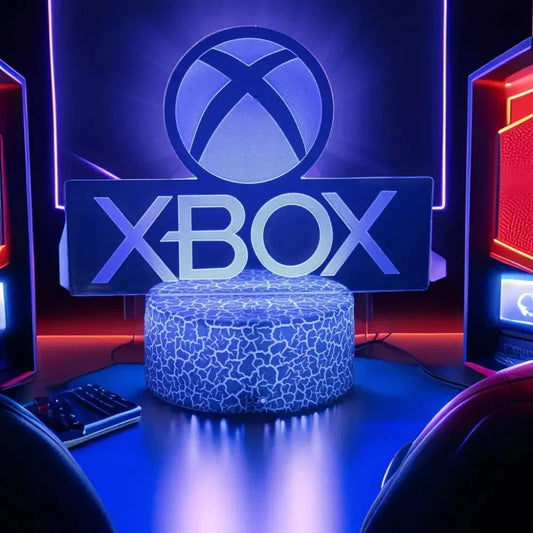 Very bright neon Xbox gaming sign with LED 3D lamp and crackled base on gaming desk