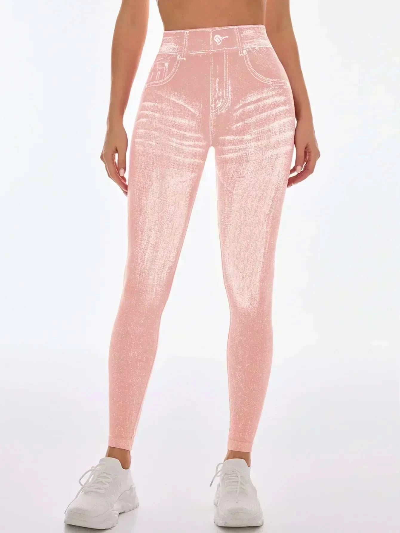 Women’s Athletic Leggings, Seamless Workout Yoga Pants, Faux Denim Look