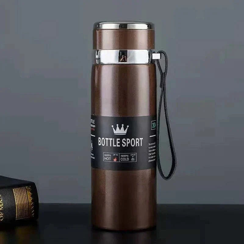Brown 1L stainless steel thermal water bottle with sport cap and carrying strap, keeps drinks hot or cold for 6-12 hours.