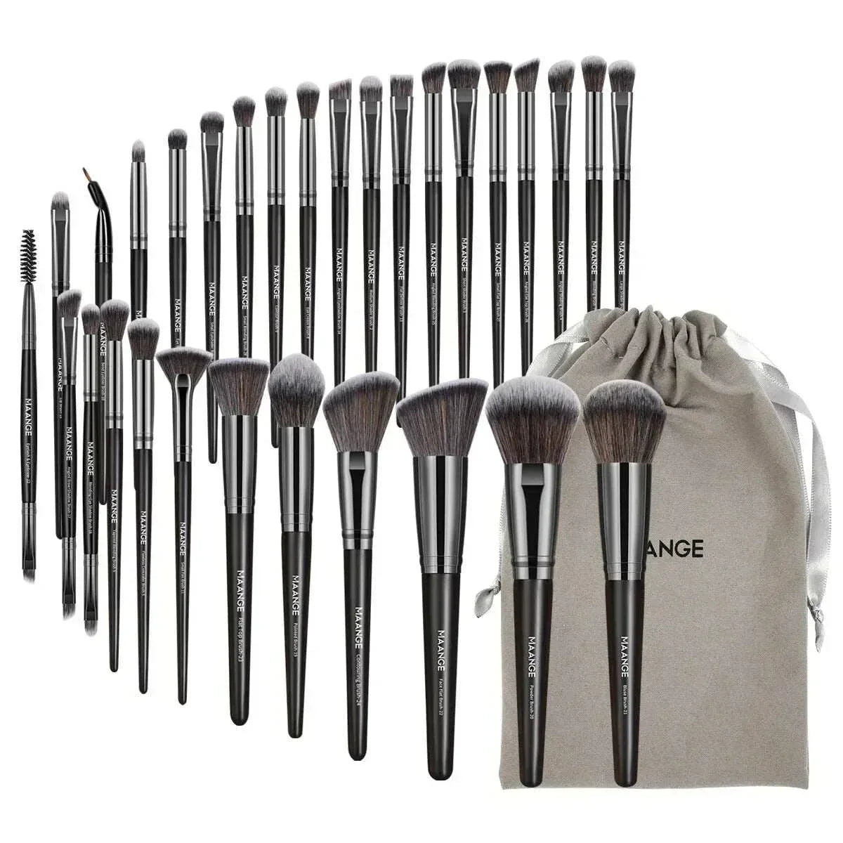 MAANGE 30pcs professional makeup brush set with nylon bristles and black plastic handles, includes blending and sculpting brushes, comes with gray drawstring bag