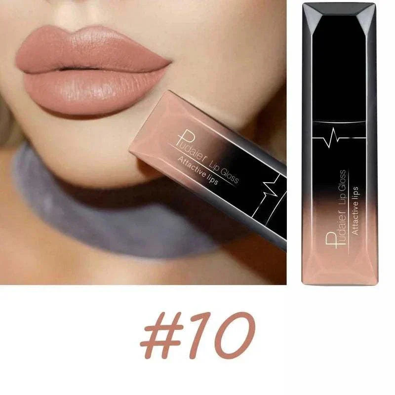 Close-up of lips wearing matte nude lipstick with TOP-RATED TikTokMadeMeBuyIt Lip Stick in shade #10 displayed alongside packaging