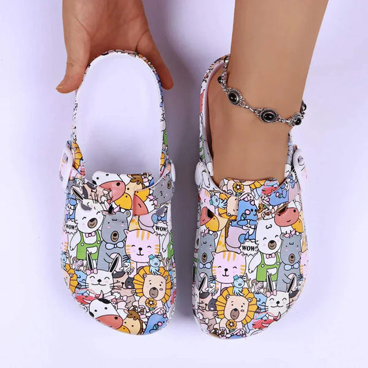 Women’s flat croc style slip-ons with colorful cute animal print design