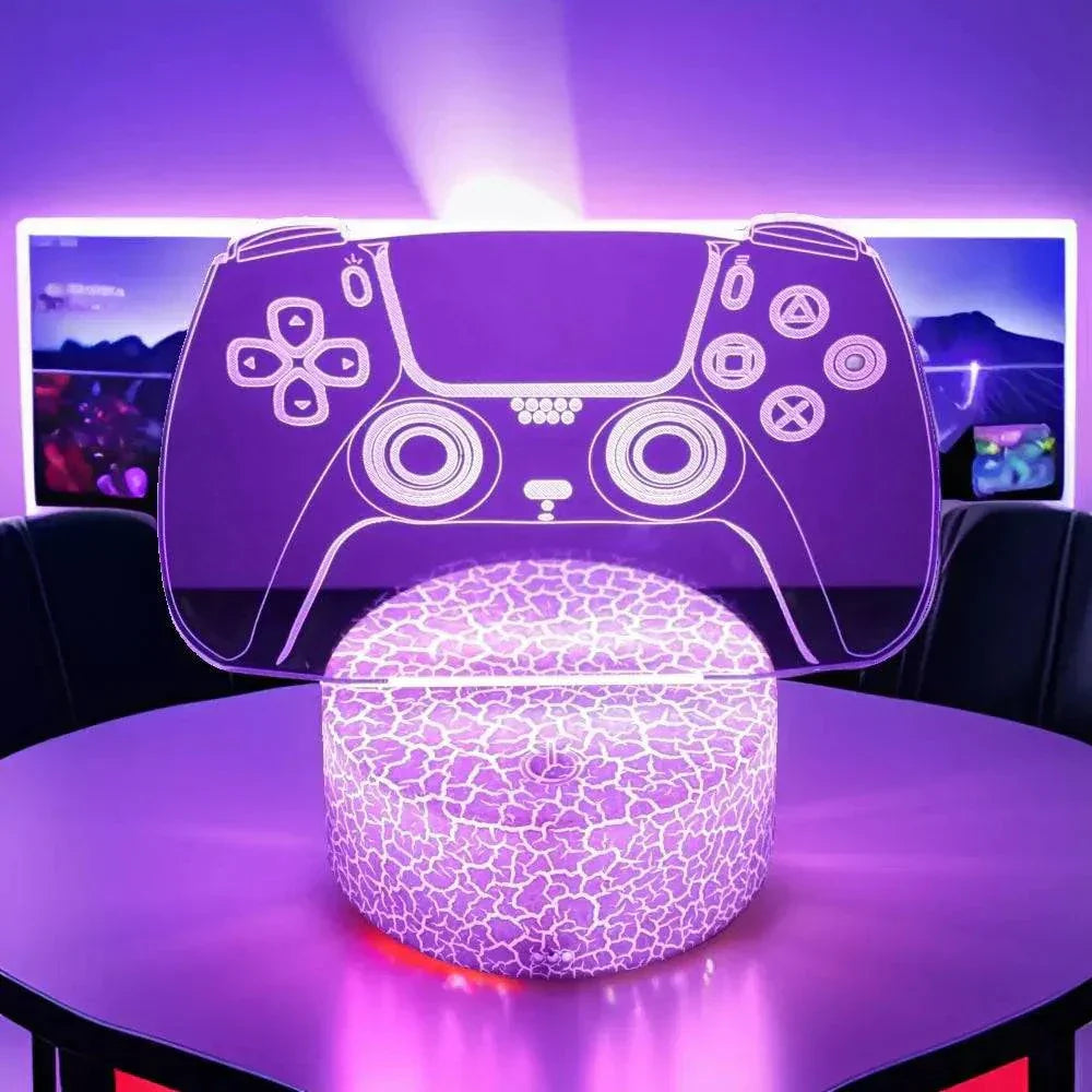 Very bright neon gaming sign shaped like a game controller with LED 3D lamp on decorative base emitting purple light
