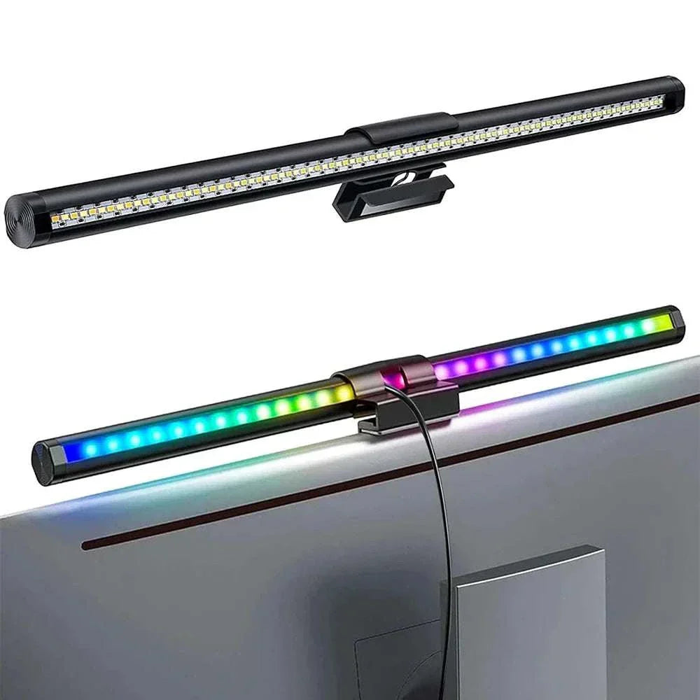 44cm LED monitor light bar with RGB and non-RGB options, touch control, adjustable color temperature, and magnetic mount for computer screens.