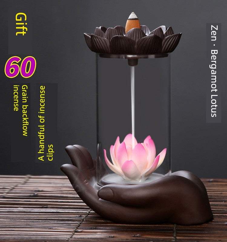 Backflow purple sand incense burner with lotus and Buddha's hand design in Zen style