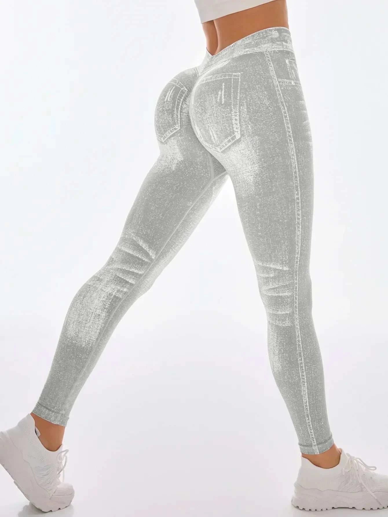 Women’s Athletic Leggings, Seamless Workout Yoga Pants, Faux Denim Look