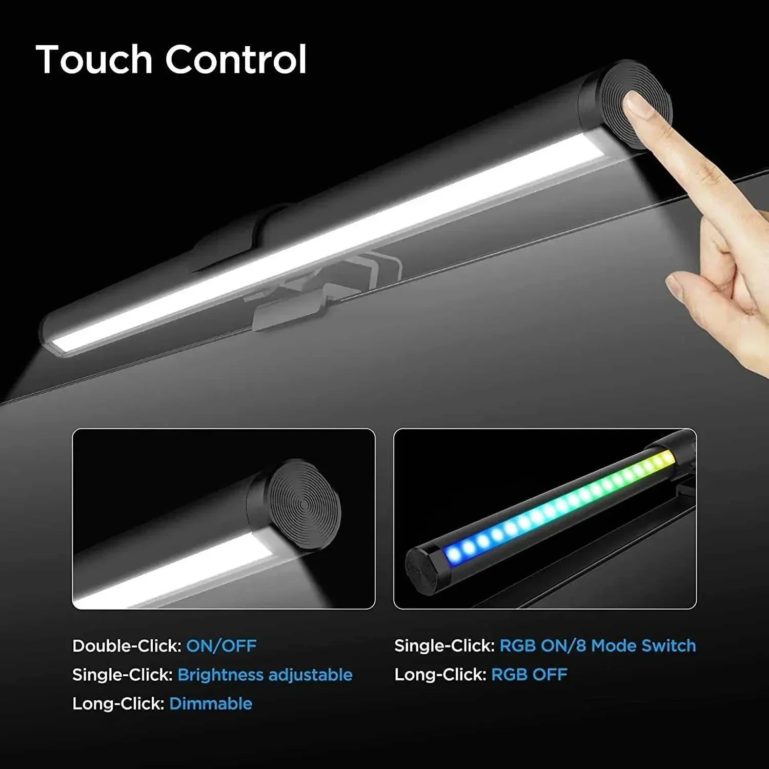 LED monitor light bar with touch control, adjustable brightness, RGB mode, and dual color temperature options for computer screens