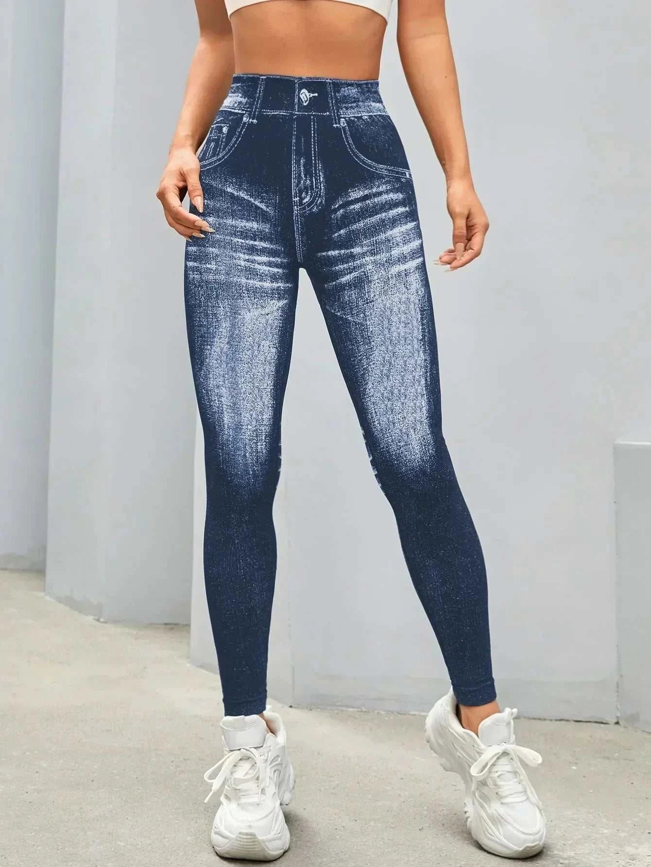 Women’s Athletic Leggings, Seamless Workout Yoga Pants, Faux Denim Look