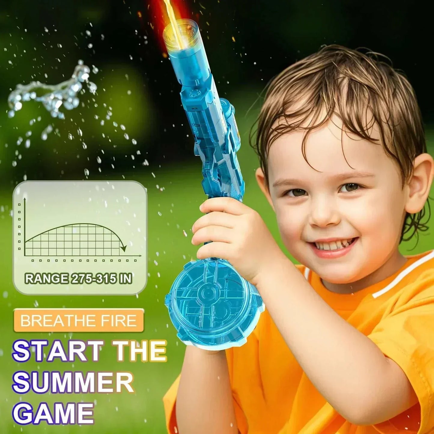 Child playing with blue Electric WaterGun featuring light and flame spray effect, high-pressure outdoor toy for summer fun