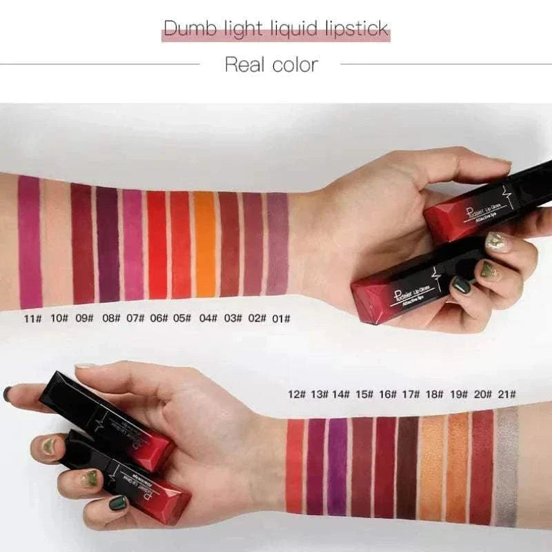 TOP-RATED TikTokMadeMeBuyIt Lip Stick showing 17 matte, long-lasting colors swatched on arm with black lipstick tubes