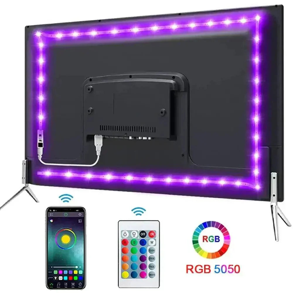 LED Light Strip USB LED strip lights 5050 with RGB color control via app and remote, shown on TV back for ambient lighting.